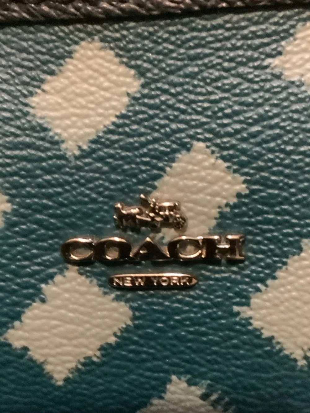 Coach Teal and Light Blue Patterned Tote with Black Straps,‎